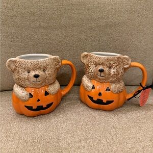 Teddy Bear Pumpkin Halloween Ceramic Mugs Set of 2 Creepy Critters Brand New